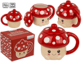 Taza seta kawaii de dolomita 400 ml roja con lunares blancos, tapa y cara sonriente en caja regalo