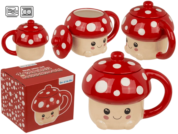 Taza seta kawaii de dolomita 400 ml roja con lunares blancos, tapa y cara sonriente en caja regalo
