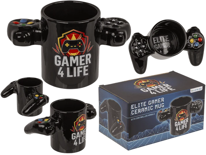 Taza Elite Gamer 4 Life negra de 350 ml con asas en forma de mandos de consola y caja regalo