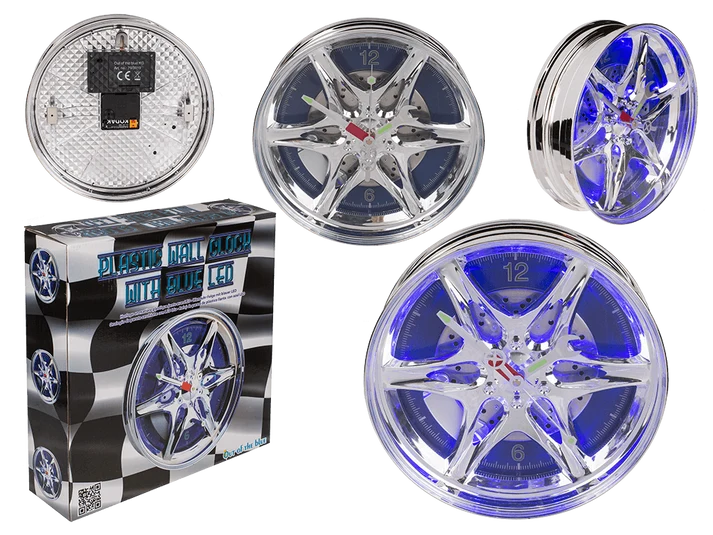 Reloj de pared con diseño de llanta cromada, 27 cm de diámetro e iluminación LED azul, mostrado con caja regalo