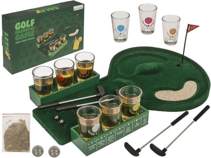 Juego de beber golf con minigolf de mesa verde, seis vasos, palos, obstáculos y caja de regalo