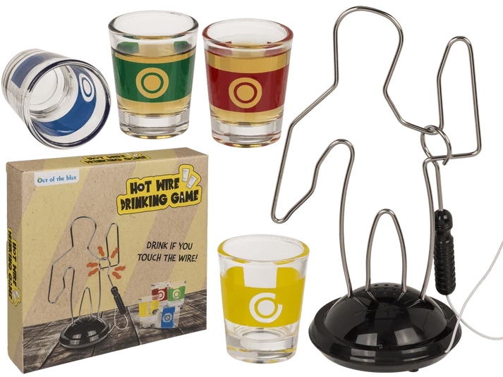 Juego de beber alambre caliente con circuito metálico de 22 cm y cuatro vasos de chupito de colores