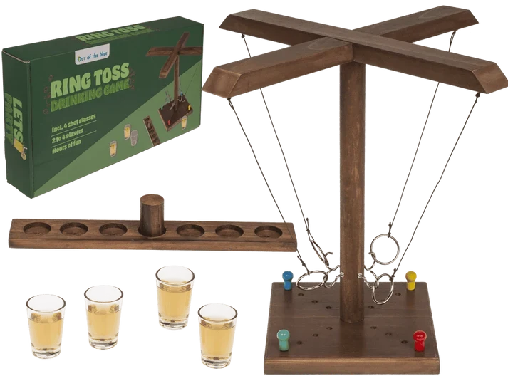 Juego de beber Ring Toss de anillas de madera para 2 a 4 jugadores, incluye cuatro vasos y caja regalo