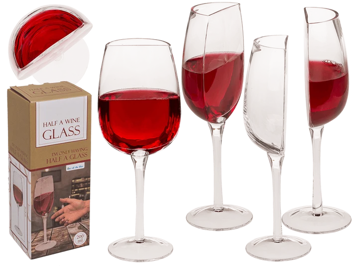 Media copa de vino de 200 ml con diseño cortado verticalmente, 21 × 8 cm, mostrada con vino y caja de regalo