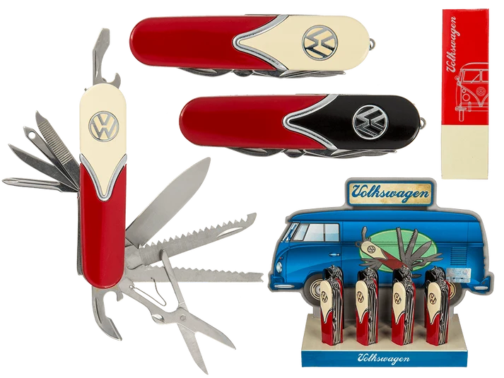 Navaja multiusos de estilo Volkswagen con diez funciones, colores crema y negro y expositor