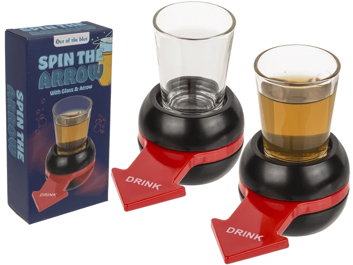 Juego de beber Spin the Arrow con vaso de chupito de 50 ml y base negra con flecha giratoria roja, en caja