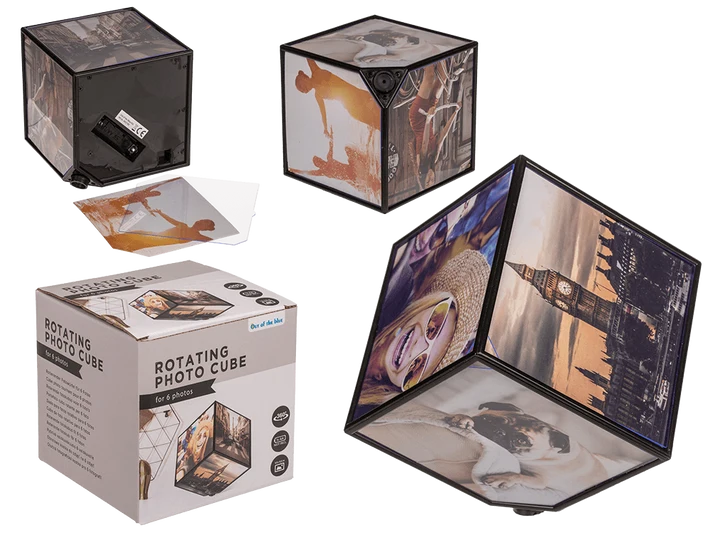 Cubo portafotos giratorio negro para seis fotografías, de 11 × 11 cm, con caja de presentación