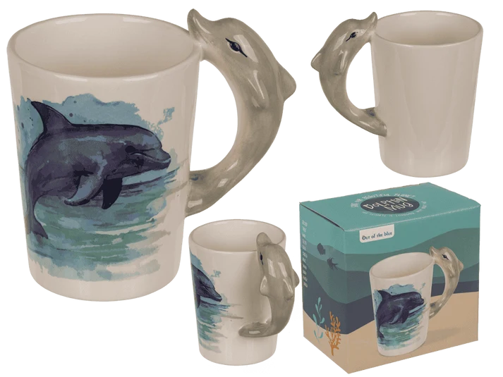 Taza original de delfín con ilustración marina y asa 3D en forma de delfín gris, con caja de regalo