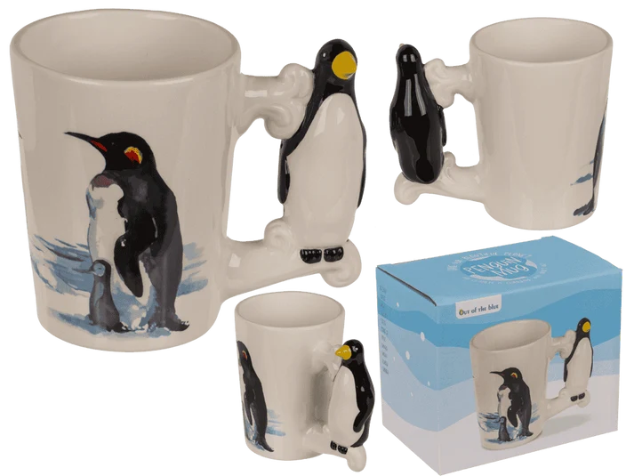 Taza original de pingüino con ilustración de adulto y cría, asa 3D de pingüino y caja decorada
