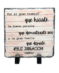 Placa Decorativa de Pizarra Natural "¡Feliz Jubilación!" | 15x15 cm