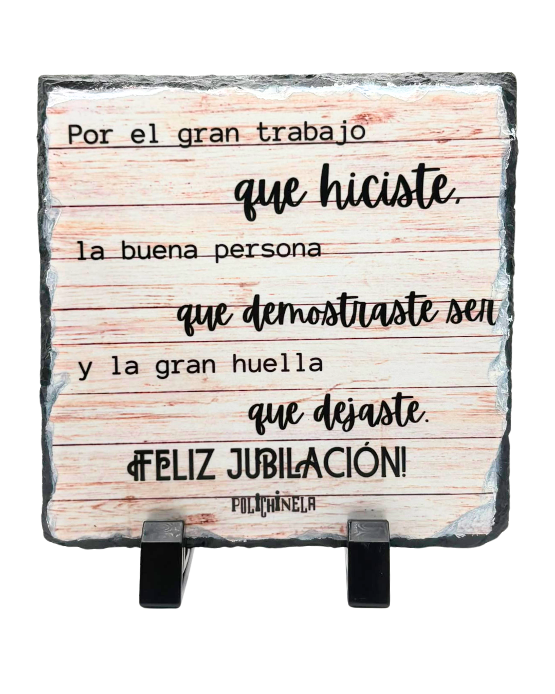 Placa Decorativa de Pizarra Natural "¡Feliz Jubilación!" | 15x15 cm