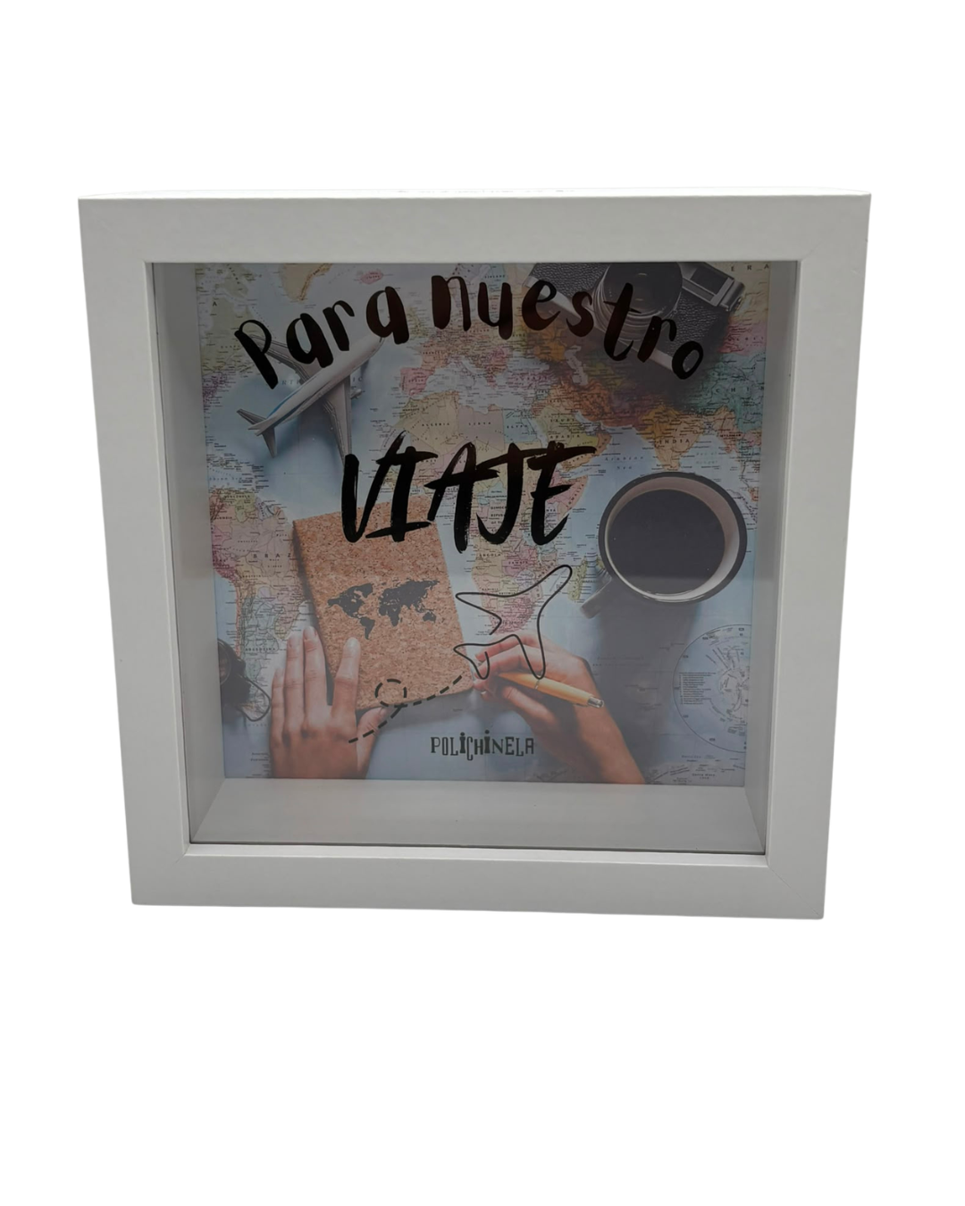 Hucha de Madera "Para Nuestro Viaje" 15 x 15 cm | Diseño Exclusivo Polichinela