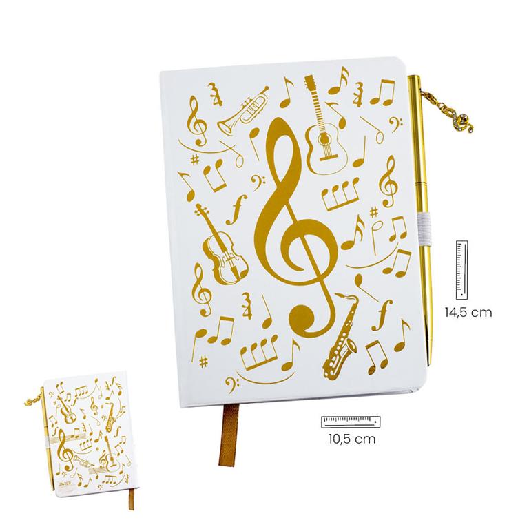 Agenda musical blanca con clave de sol y notas doradas, bolígrafo a juego, 14,5 x 10,5 cm