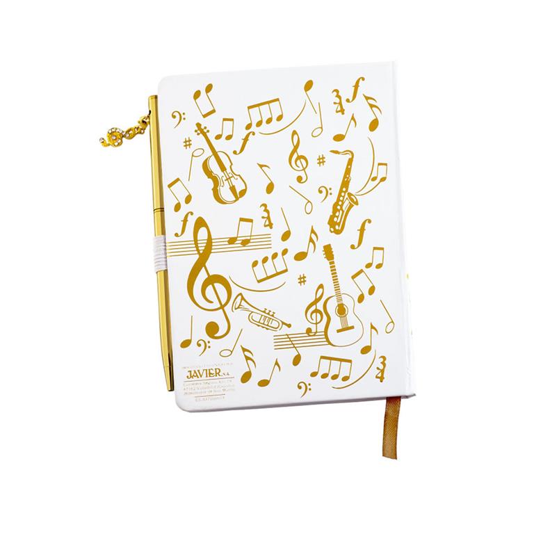 Contraportada de agenda blanca con instrumentos musicales dorados y bolígrafo