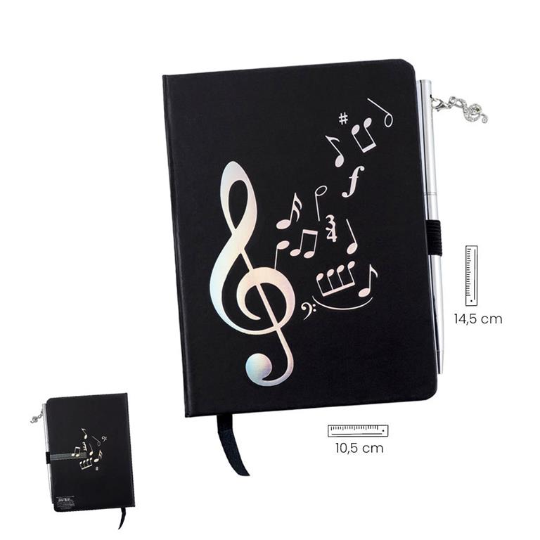 Agenda negra con clave de sol y notas plateadas, bolígrafo plateado, 14,5 x 10,5 cm