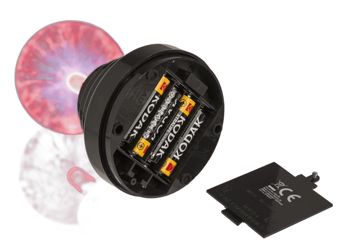 Bola de plasma luminosa sobre base negra con su caja y cable USB