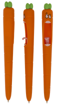 Bolígrafo de zanahoria gritona naranja con boca abierta y hojas verdes, tres vistas, 14 cm