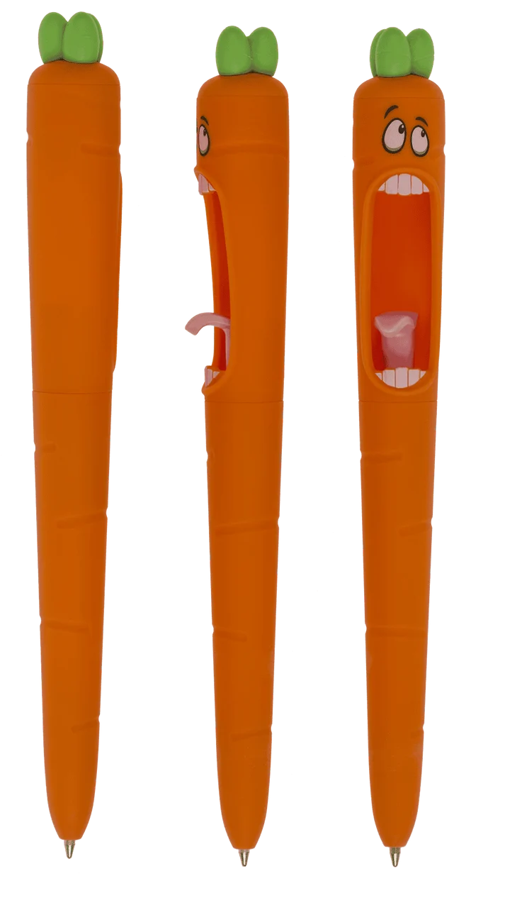 Bolígrafo de zanahoria gritona naranja con boca abierta y hojas verdes, tres vistas, 14 cm