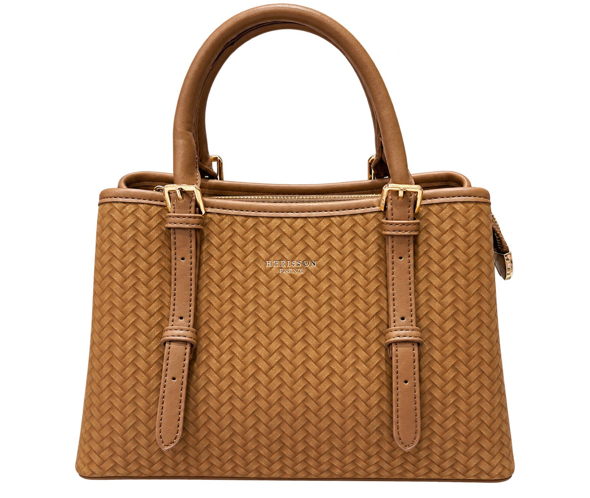 Bolso Camelia camel para mujer con frontal efecto trenzado y asas