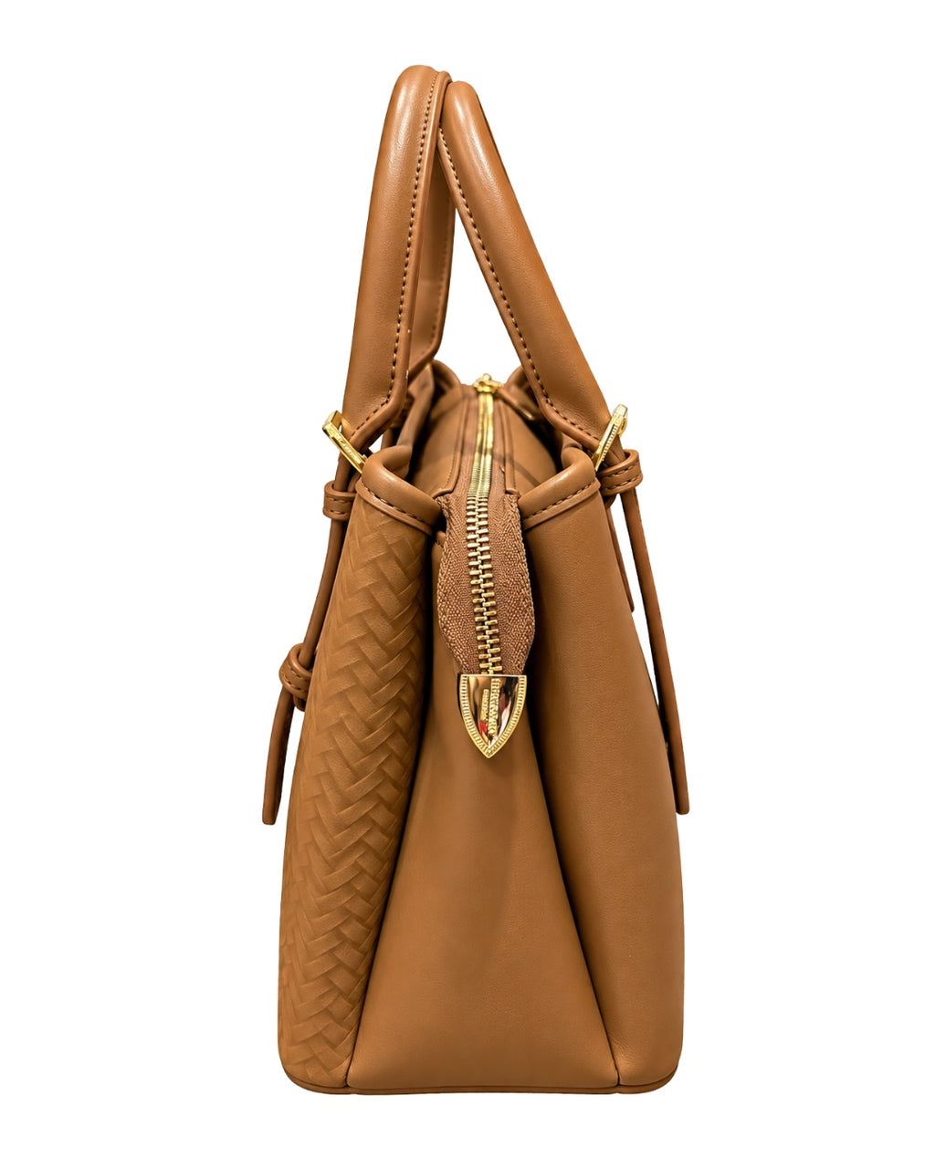 Bolso Camelia de mujer camel, vista lateral con cremallera