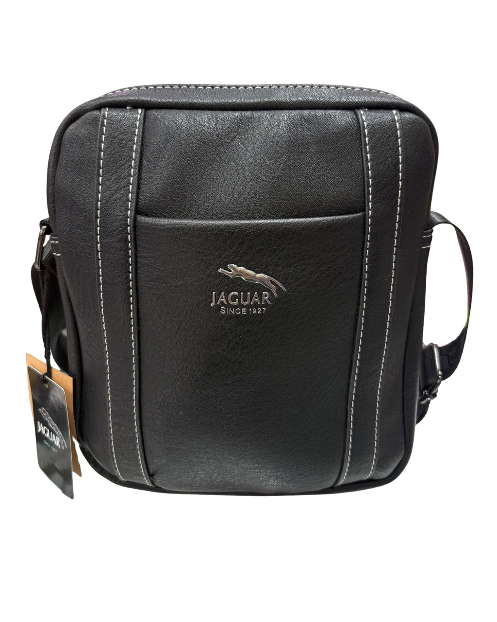 Bolso bandolera Jaguar 7814PE negro vista frontal con logo metálico y pespuntes blancos