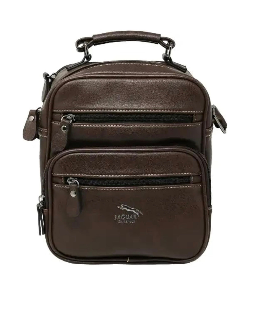 Bolso bandolera Jaguar Alessio 7810PE marrón vista frontal con bolsillos de cremallera