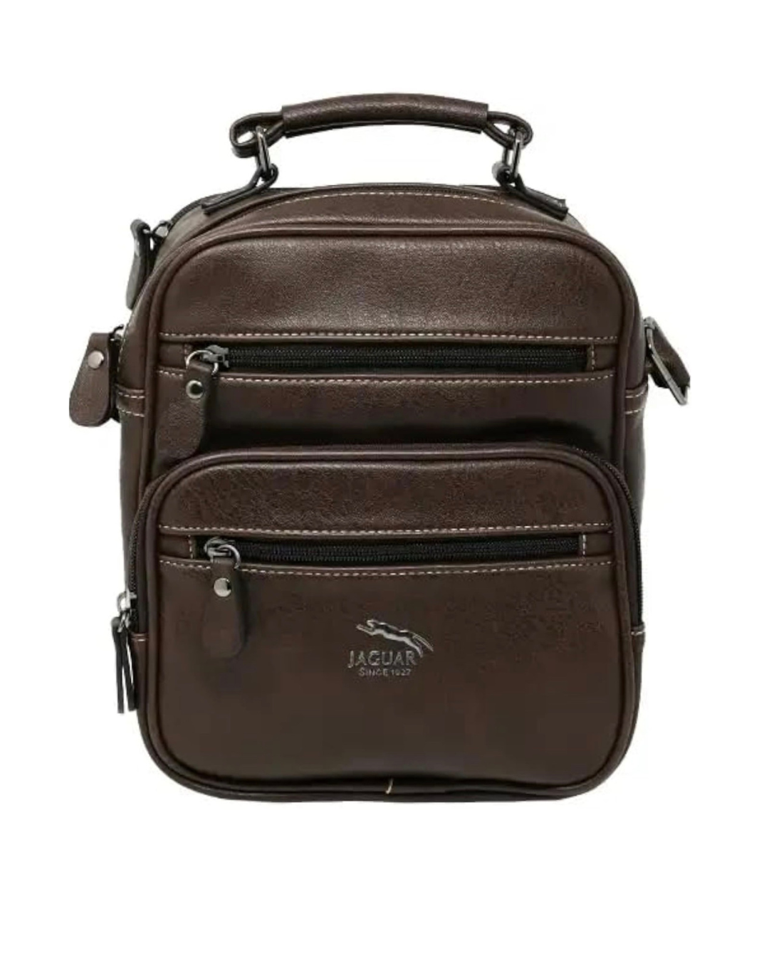 Bolso bandolera Jaguar Alessio 7810PE marrón vista frontal con bolsillos de cremallera