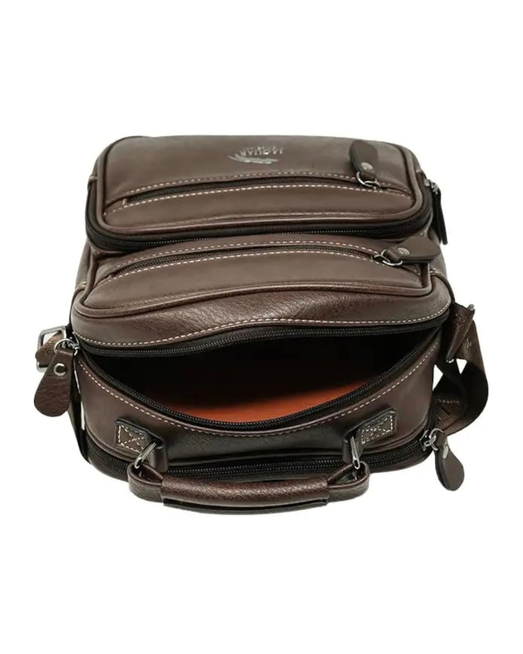 Bolso Jaguar Alessio marrón vista superior con compartimentos y cremalleras