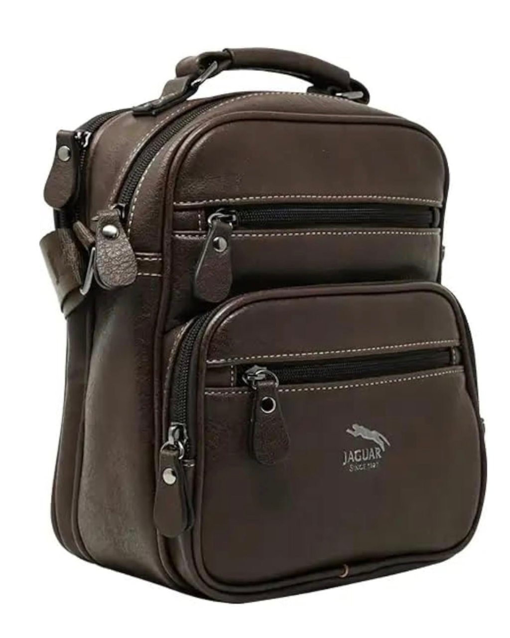Bolso Jaguar Alessio marrón vista lateral mostrando el volumen y los compartimentos