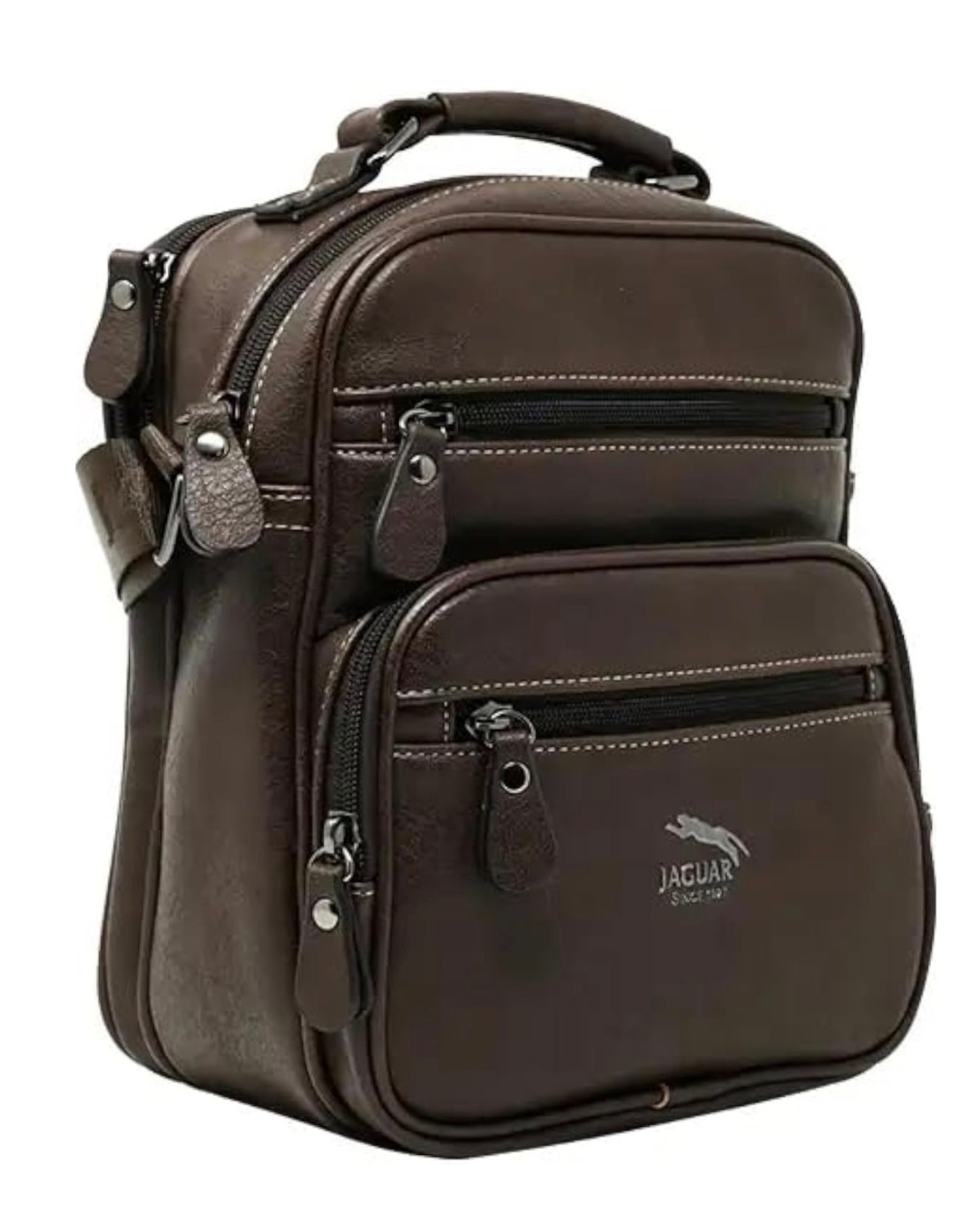 Bolso Jaguar Alessio marrón vista lateral mostrando el volumen y los compartimentos