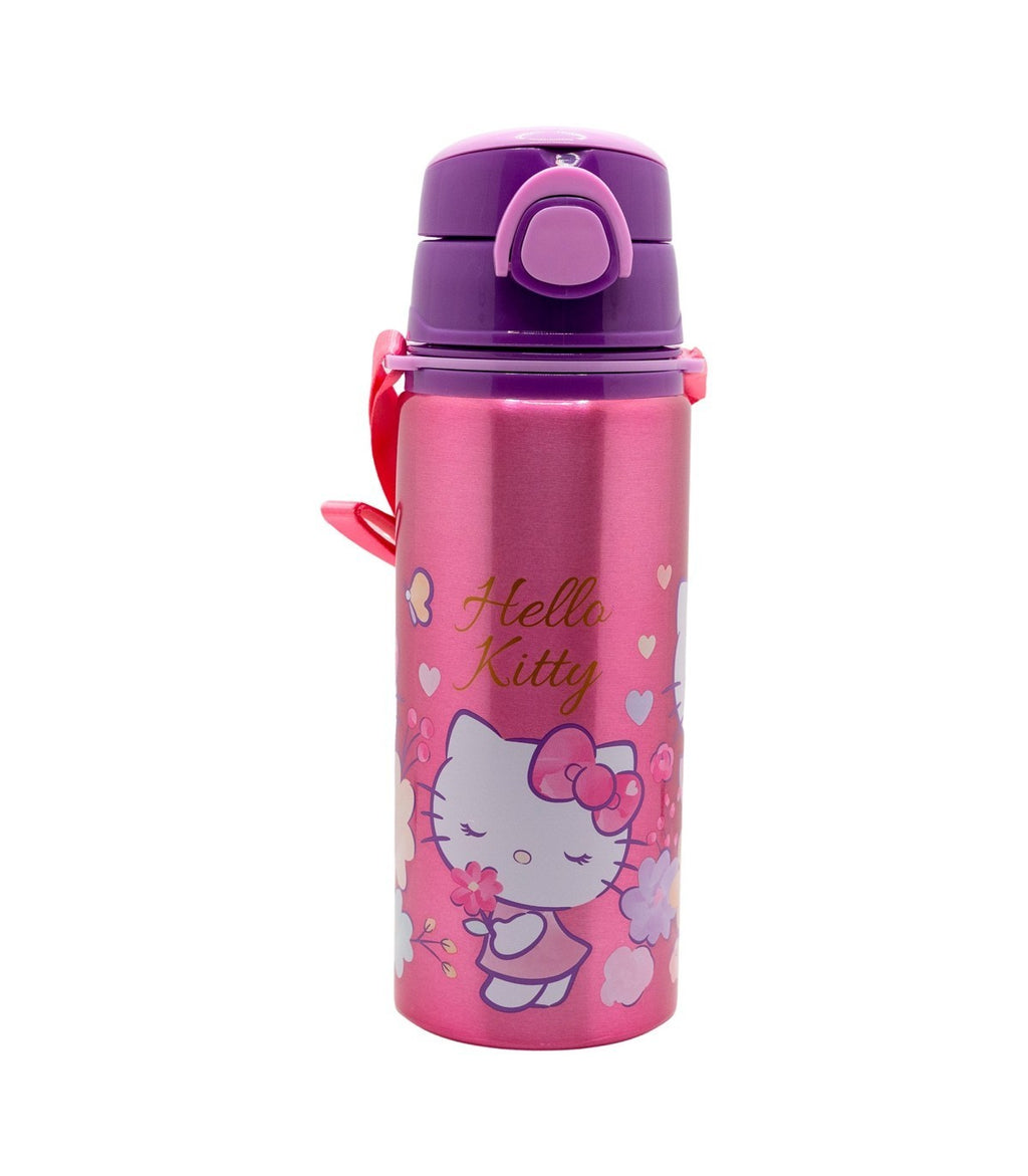 Botella infantil Hello Kitty rosa de aluminio 730 ml con tapón y correa