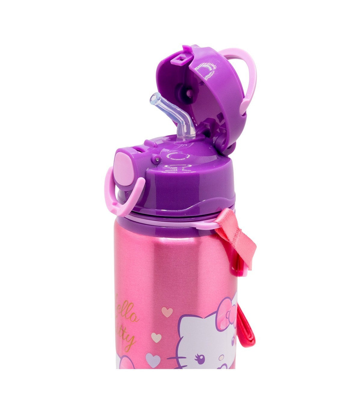 Botella infantil Hello Kitty de aluminio 730 ml con pajita abierta