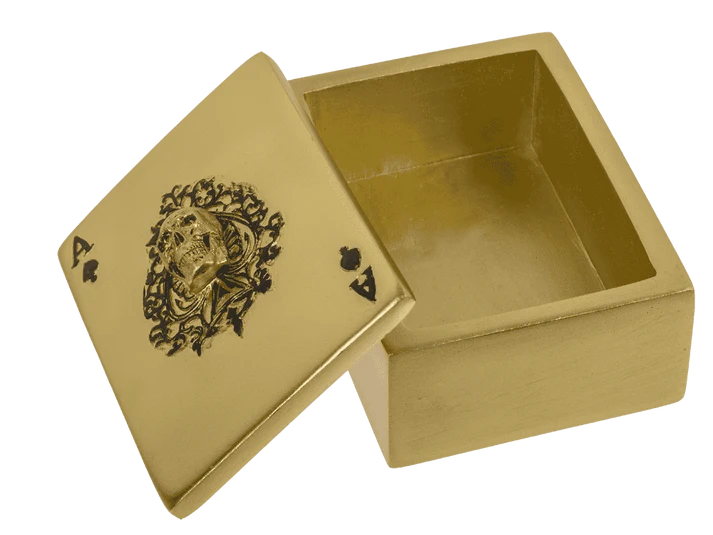 Caja para guardar naipes con calavera en color dorado abierta