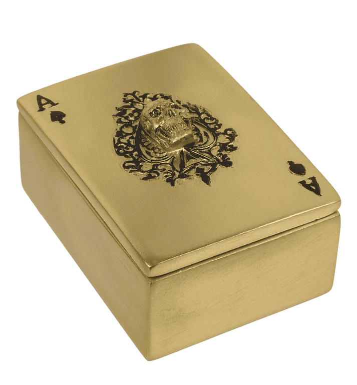 Caja para guardar naipes con diseño calavera color dorado