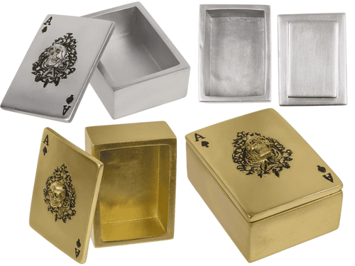 Caja para guardar naipes con calavera en colores dorado y plateado