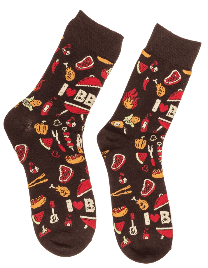 Calcetines BBQ marrones estampados con parrillas, carne y utensilios