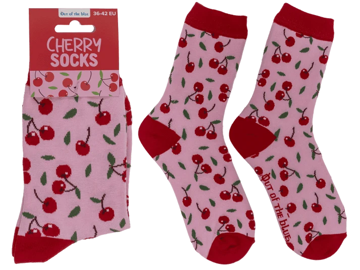Calcetín rosa con cerezas rojas y detalles rojos