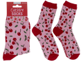 Calcetín rosa con cerezas rojas y detalles rojos