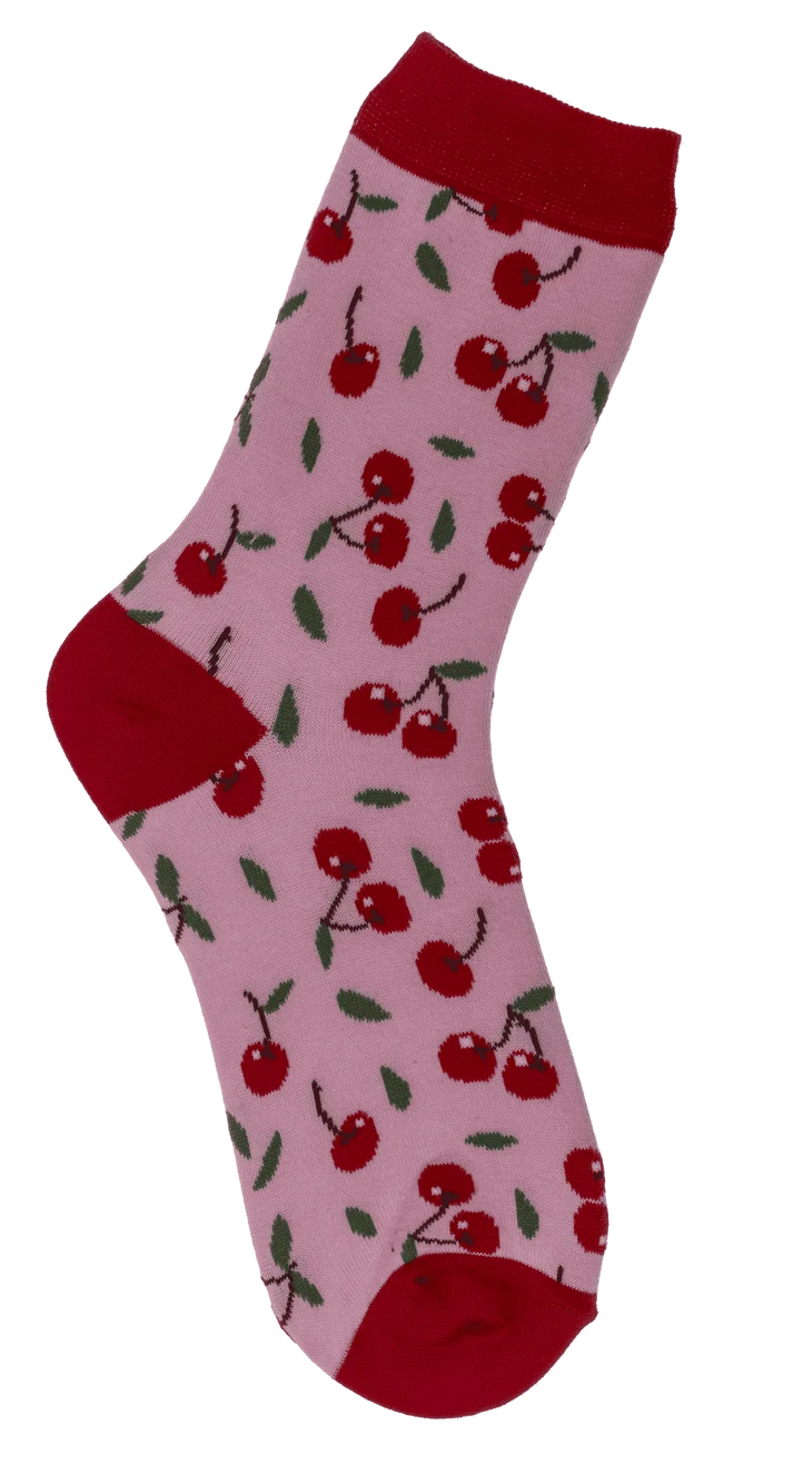 Calcetines de cerezas rosas, par completo y presentación