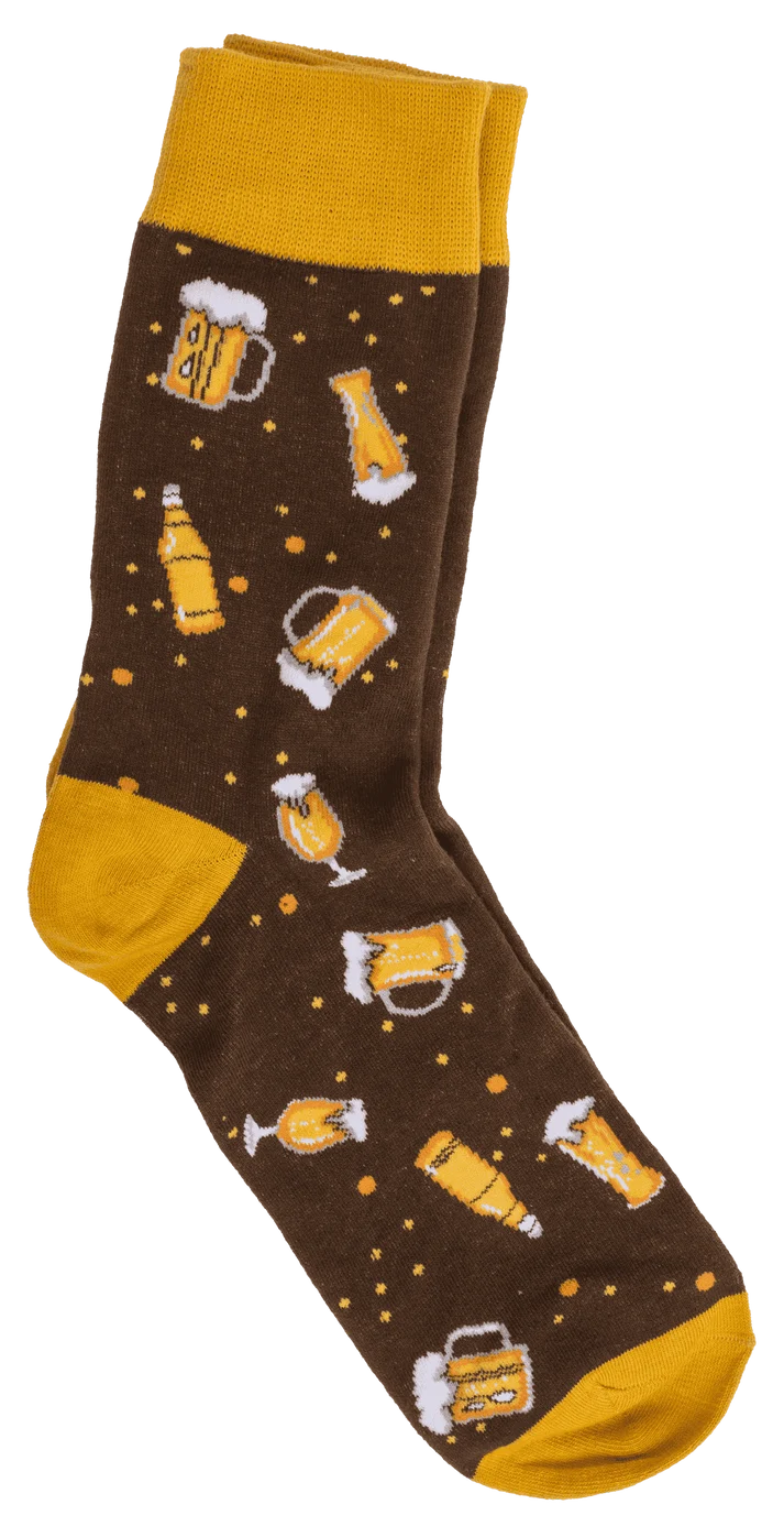 Calcetín marrón con estampado de cerveza y detalles amarillos