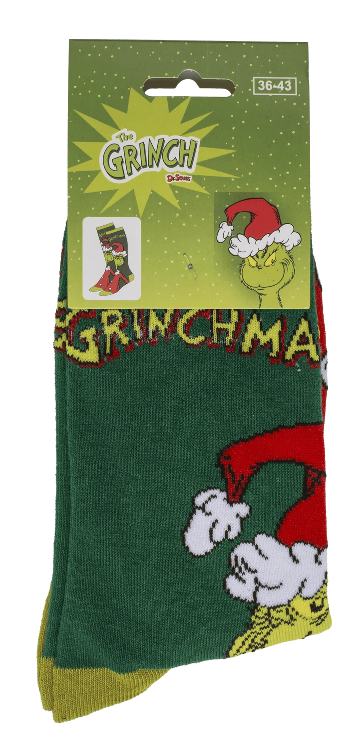 Calcetines del Grinch en su presentación de cartón talla 36-43
