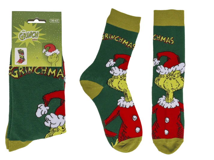 Vista de los calcetines del Grinch y su embalaje