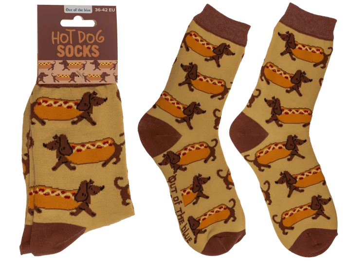 Calcetines Hot Dog con perros salchicha como perritos calientes, par y presentación