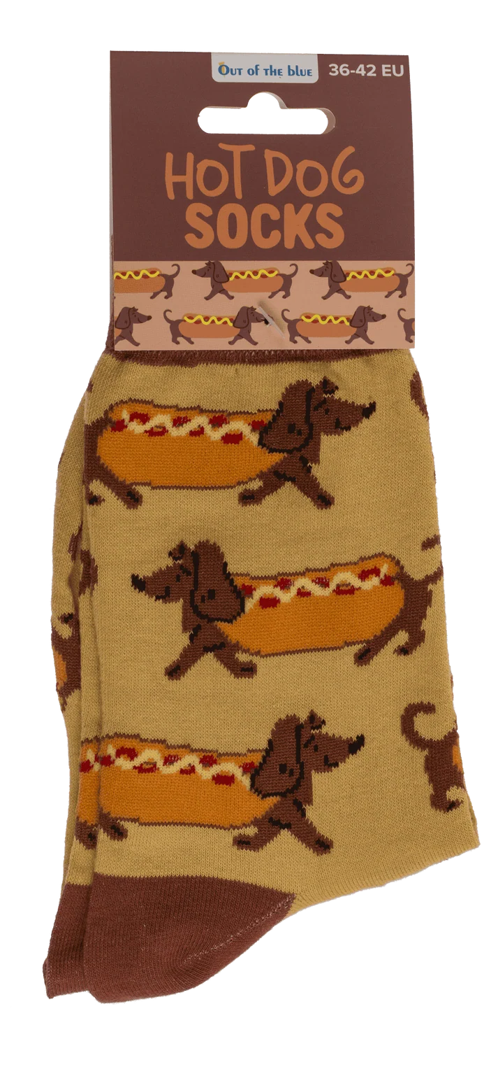 Calcetines Hot Dog Socks plegados con etiqueta de cartón talla 36-42
