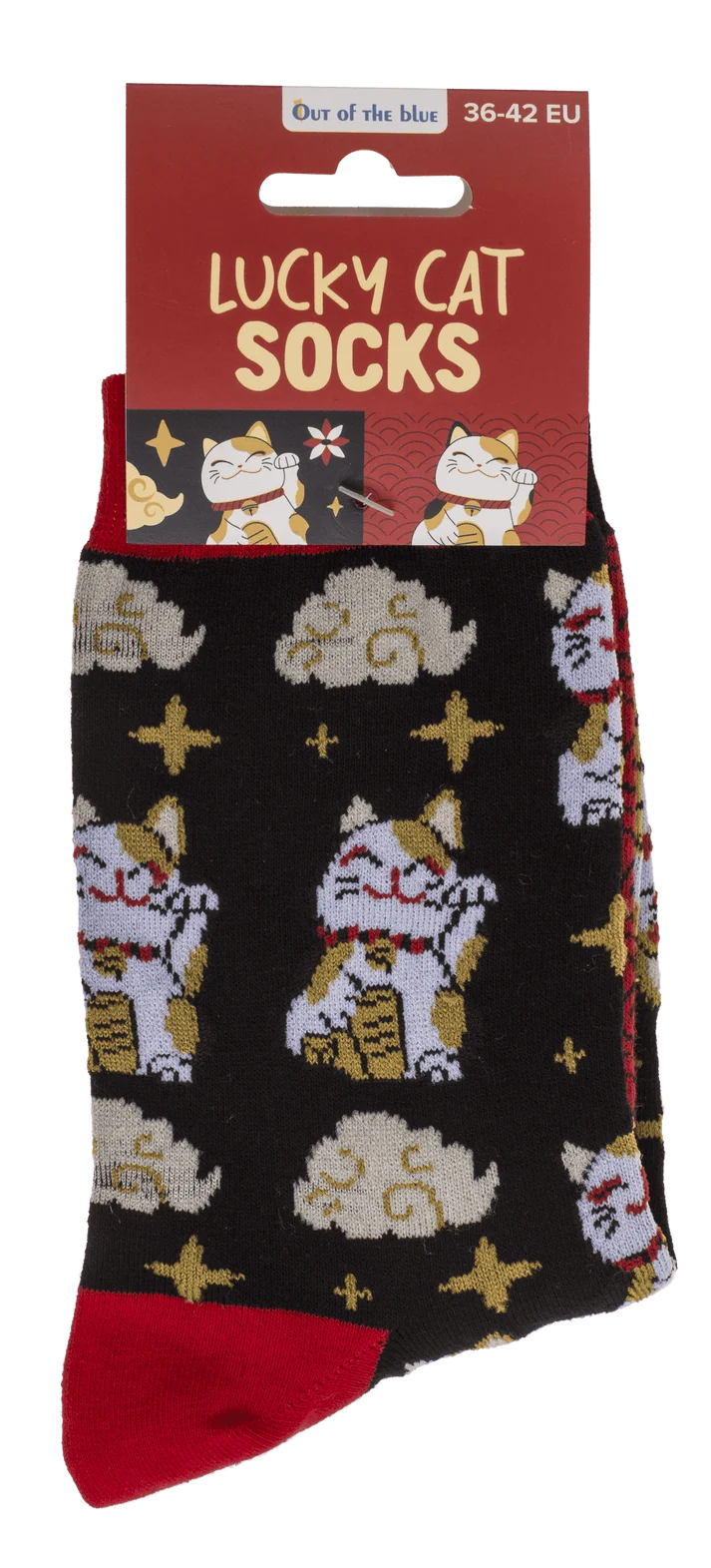 Calcetín negro Lucky Cat con gatos japoneses de la suerte y detalles rojos
