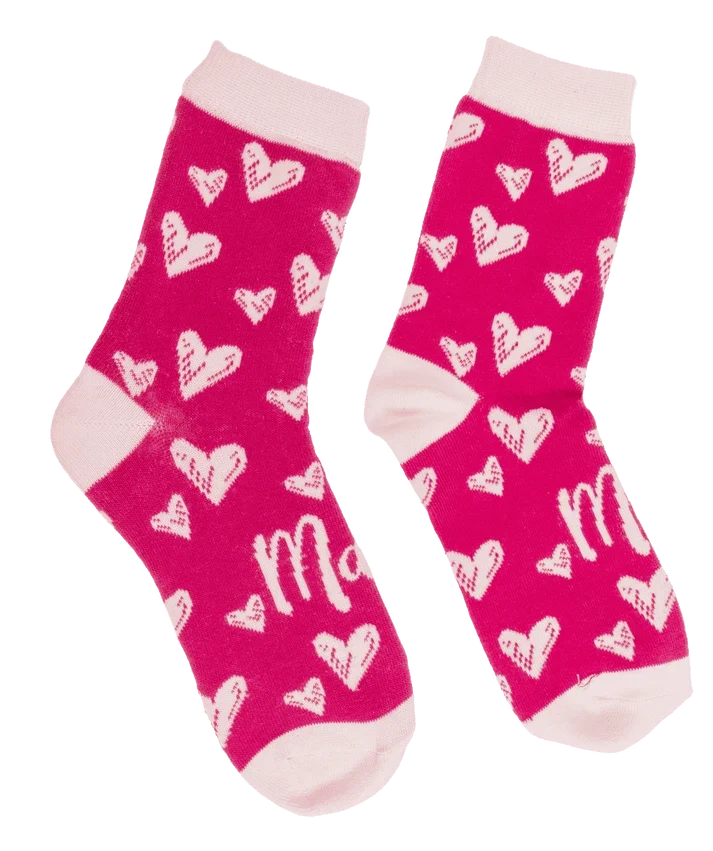 Calcetines rosas para mamá con corazones blancos, par y presentación Mama Socks