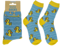 Par de calcetines de pato de goma azules con patitos amarillos