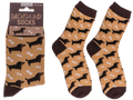 Par de calcetines de teckel beige y marrón con siluetas de perros salchicha y huesos