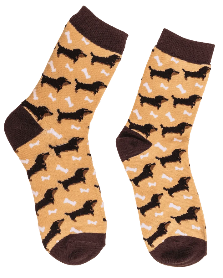 Calcetines de perro salchicha con perros y huesos, par y presentación