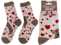 Calcetines de perros salchicha enamorados y corazones rojos, etiqueta Kissing Dogs Socks